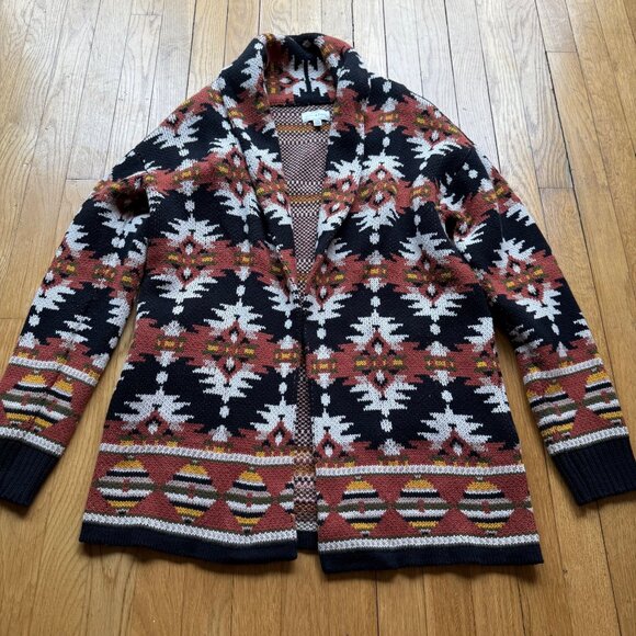 Lucky Brand Size L Multicolor Aztec Inspired Open Front Knit Cardigan Sweater - Picture 12 of 16